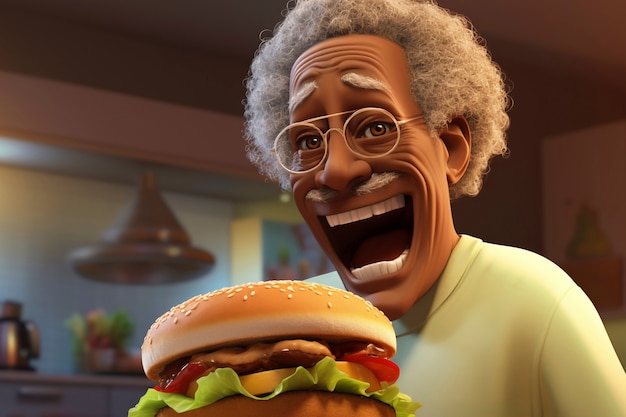 Bezpłatne zdjęcie Średni strzał kartonowy stary człowiek z hamburgerem