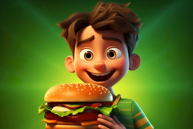 Średni strzał kreskówkowy chłopiec z hamburgerem