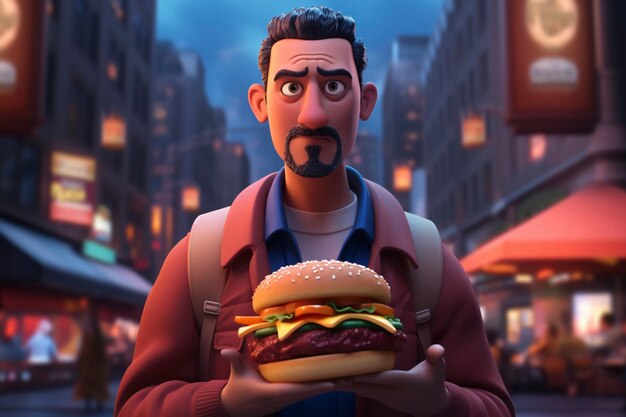 Średni strzał kreskówkowy człowiek z hamburgerem