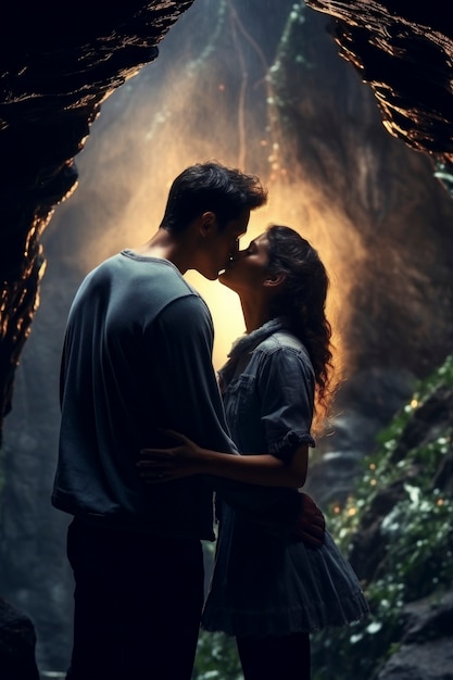 Bezpłatne zdjęcie Średni ujęcie pary całującej się z fantazyjnym tłem
