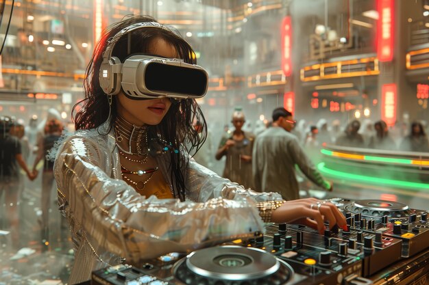 Średnia kobieta DJ-uje z okularami z rozszerzoną rzeczywistością.