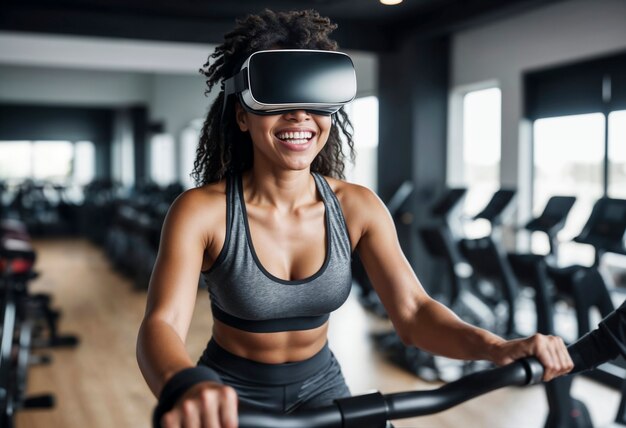 Średnia kobieta robiąca fitness z okularami VR