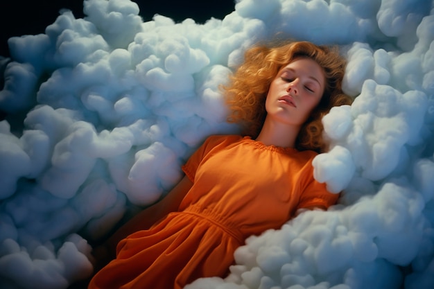 Średnia kobieta śpiąca na chmurach.