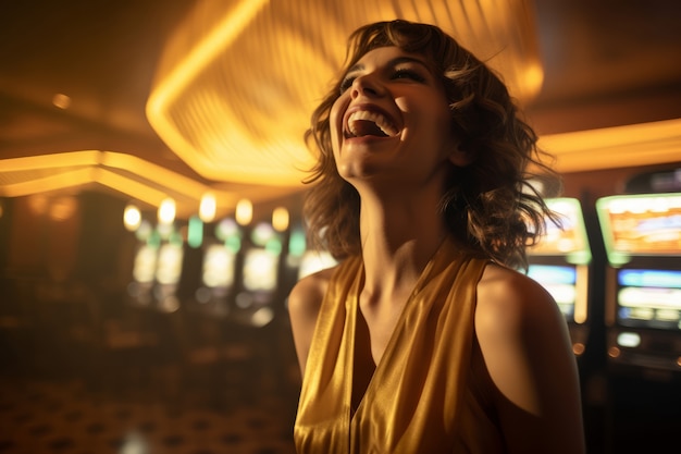 Bezpłatne zdjęcie Średnia kobieta w futurystycznym kasynie.
