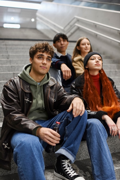 Bezpłatne zdjęcie Średnie nastolatki siedzące na schodach