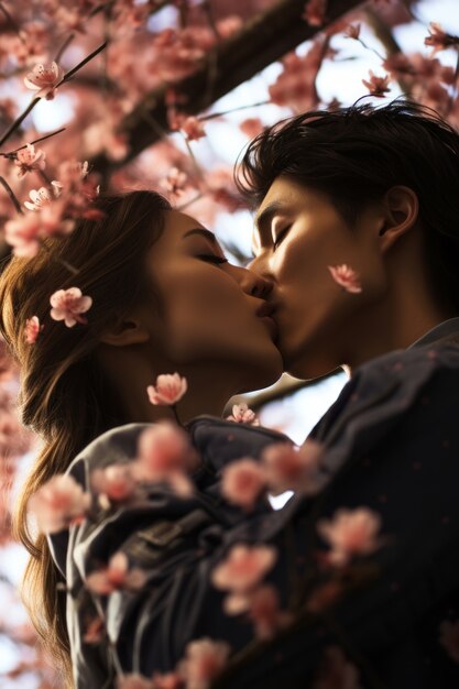 Średnie ujęcie romantycznej pary całującej się