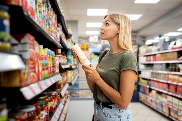 Średnio strzał kobieta szukająca produktu