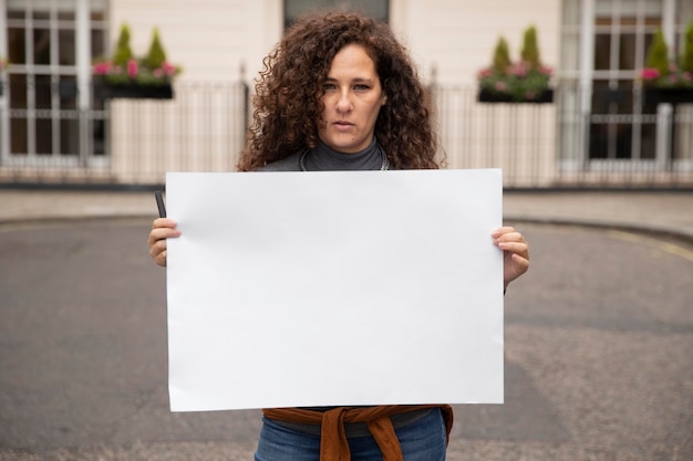 Bezpłatne zdjęcie Średnio strzał kobieta trzymająca afisz