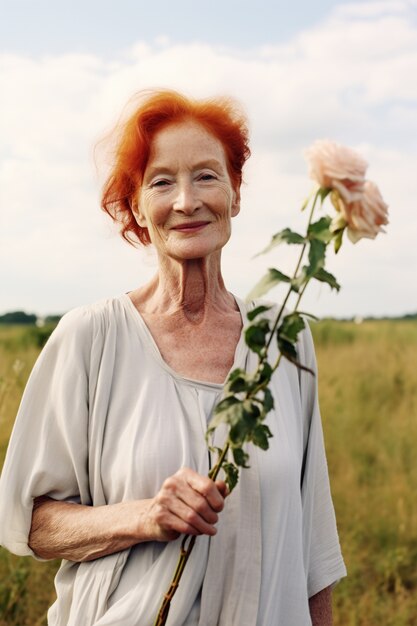 Średnio strzał starsza kobieta pozuje z różą