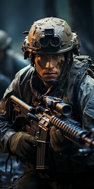 Bezpłatne zdjęcie Średnio strzelający żołnierz z bronią