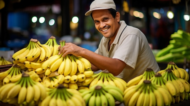 Bezpłatne zdjęcie Średnio zastrzelony uśmiechnięty mężczyzna z bananami