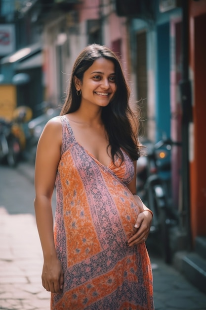 Bezpłatne zdjęcie Środek strzelający kobieta w ciąży pozuje outdoors