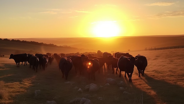Stado krów pasie się na pastwisku o zachodzie słońca stworzonym za pomocą technologii Generative AI