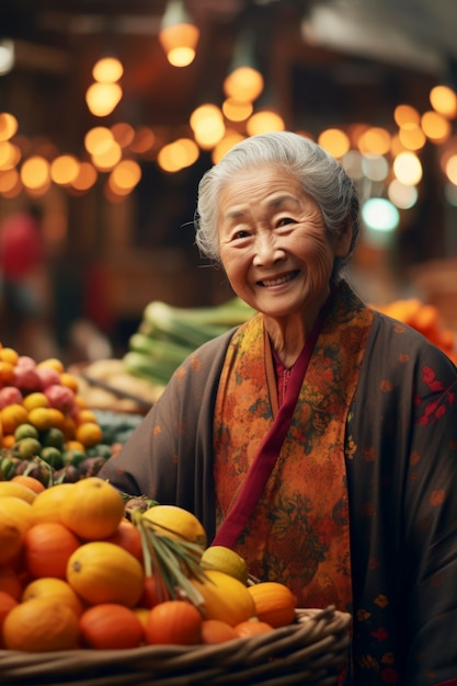 Stara kobieta z środkowymi zdjęciami pozująca z owocami.