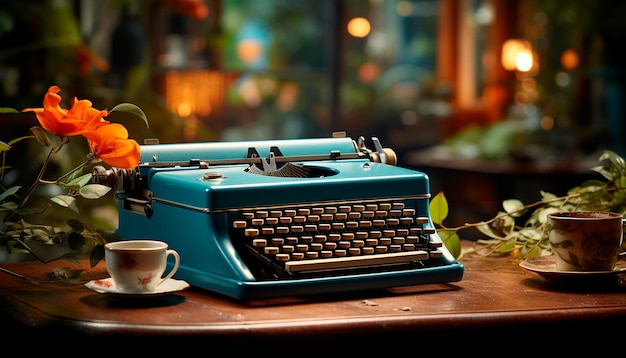 Bezpłatne zdjęcie staromodna maszyna do pisania na drewnianym stole z bliska nostalgii generowanej przez sztuczną inteligencję