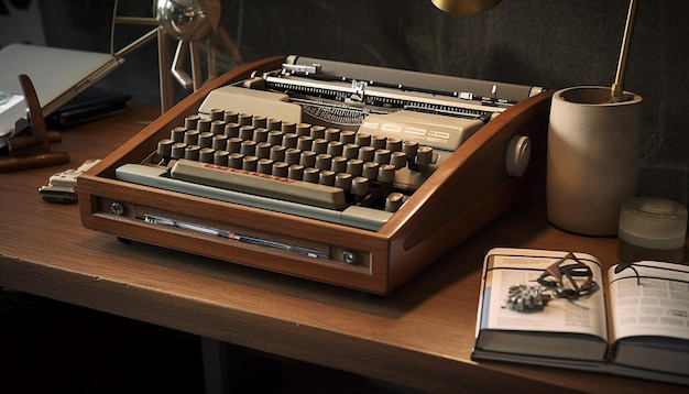 Bezpłatne zdjęcie staromodna maszyna do pisania na nieociosanym drewnianym stole generowanym przez ai