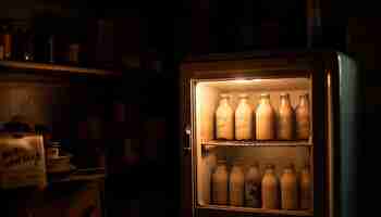 Bezpłatne zdjęcie staromodne butelki mleka siedzą w rzędzie wygenerowanym przez sztuczną inteligencję