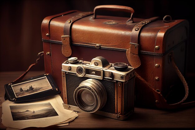 Staromodny aparat i skórzana walizka emanują sztuczną inteligencją generującą nostalgię