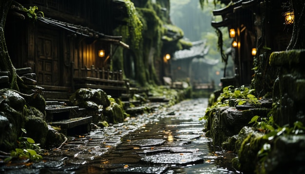 Bezpłatne zdjęcie starożytna latarnia oświetla tajemnicze stare ruiny w spokojnym japońskim lesie generowane przez sztuczną inteligencję