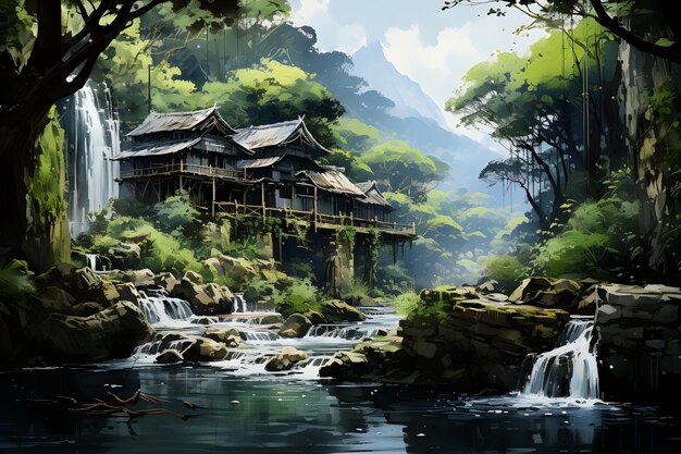 starożytne chińskie tradycyjne domy dzieła sztuki krajobrazu