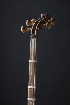 Starożytny azjatycki strunowy instrument muzyczny na czarnym tle z podświetleniem. kołek do strojenia