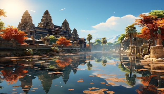 Starożytny hinduizm i buddyzm odzwierciedlone w słynnych starożytnych ruinach Angkor wygenerowanych przez sztuczną inteligencję