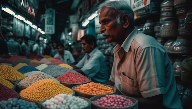 Bezpłatne zdjęcie starsi mężczyźni sprzedający owoce na nocnym targu generowanym przez sztuczną inteligencję