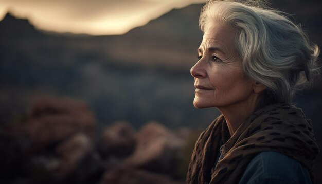 Starsza kobieta cieszy się spokojnym zachodem słońca w naturze wygenerowanym przez sztuczną inteligencję