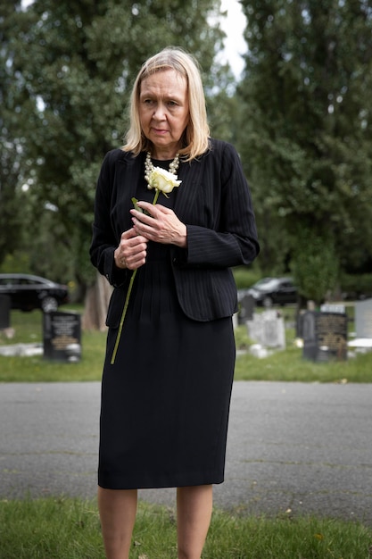 Bezpłatne zdjęcie starsza kobieta odwiedzająca grób ukochanej osoby