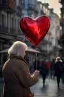 Bezpłatne zdjęcie starsza kobieta trzyma balon z czerwonym sercem
