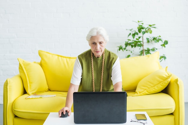 Starszy Kobiety Obsiadanie Na Kanapie Używać Laptop