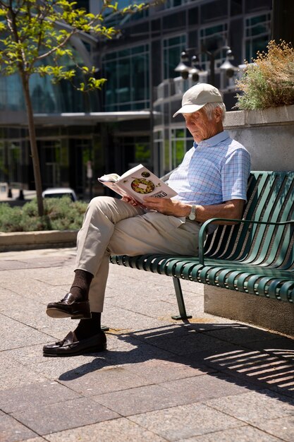 Starszy mężczyzna czyta książkę na ławce na zewnątrz