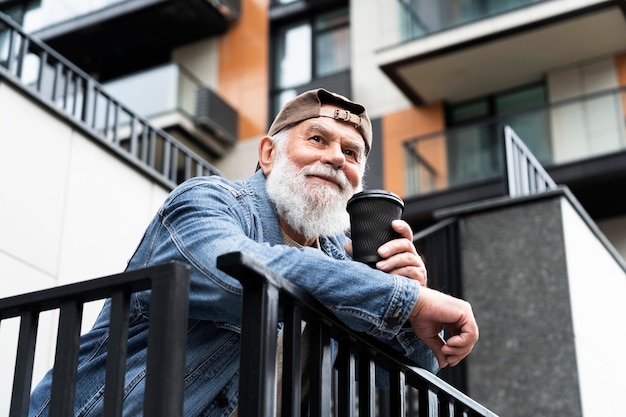 Starszy mężczyzna pijący kawę na świeżym powietrzu w mieście