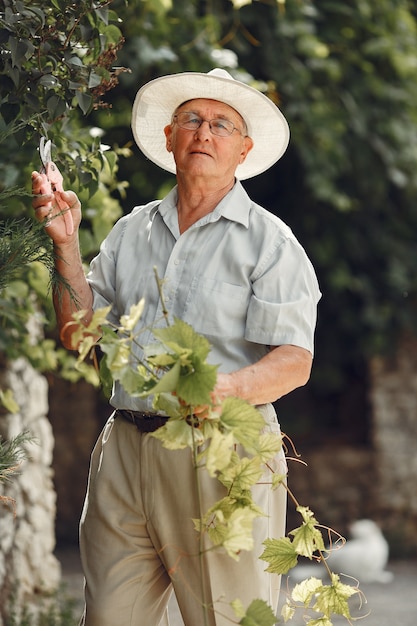 Starszy ogrodnik cieszy się swoją pracą w ogrodzie. Stary człowiek w białej koszuli.