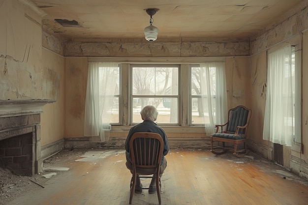 Staruszek w opuszczonym domu.
