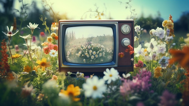 Stary telewizor otoczony kwiatami.