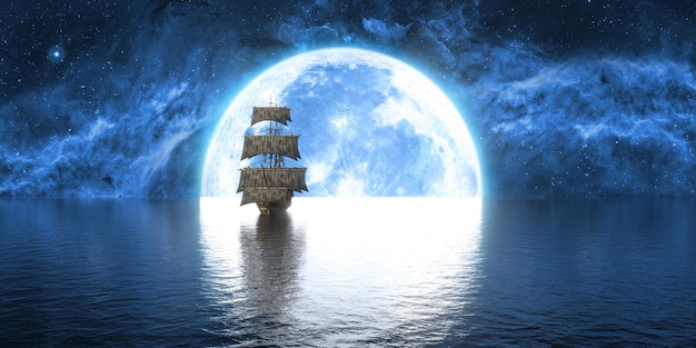 Statek na morzu na tle księżyca i pięknego nieba, ilustracja 3d