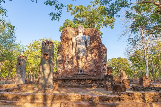 Stojący posąg Buddy w świątyni Wat Phra Si Ariyabot w historycznym parku Kamphaeng Phet wpisany na listę światowego dziedzictwa UNESCO