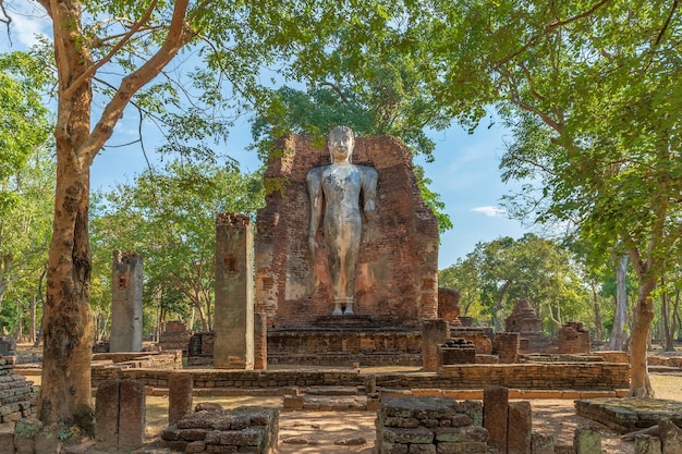 Stojący posąg Buddy w świątyni Wat Phra Si Ariyabot w historycznym parku Kamphaeng Phet wpisany na listę światowego dziedzictwa UNESCO