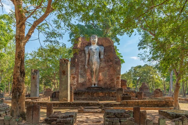 Stojący posąg Buddy w świątyni Wat Phra Si Ariyabot w historycznym parku Kamphaeng Phet wpisany na listę światowego dziedzictwa UNESCO