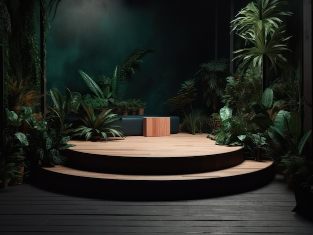 Bezpłatne zdjęcie stojak reklamowy produktów kosmetycznych stoisko drewniane podium na zielonym tle z liśćmi i sha