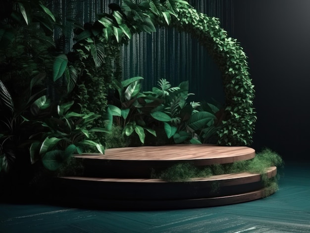 Bezpłatne zdjęcie stojak reklamowy produktów kosmetycznych stoisko drewniane podium na zielonym tle z liśćmi i sha
