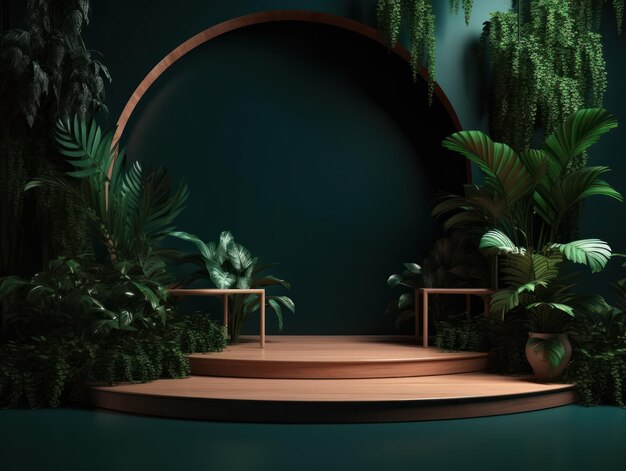 Stojak reklamowy produktów kosmetycznych stoisko drewniane podium na zielonym tle z liśćmi i sha