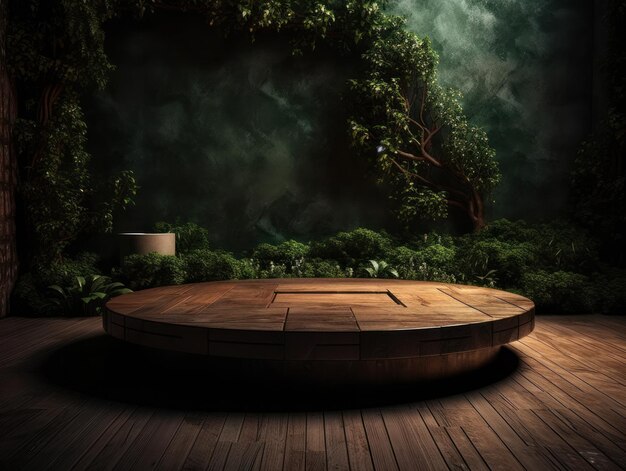 Stojak reklamowy produktów kosmetycznych stoisko drewniane podium na zielonym tle z liśćmi i sha
