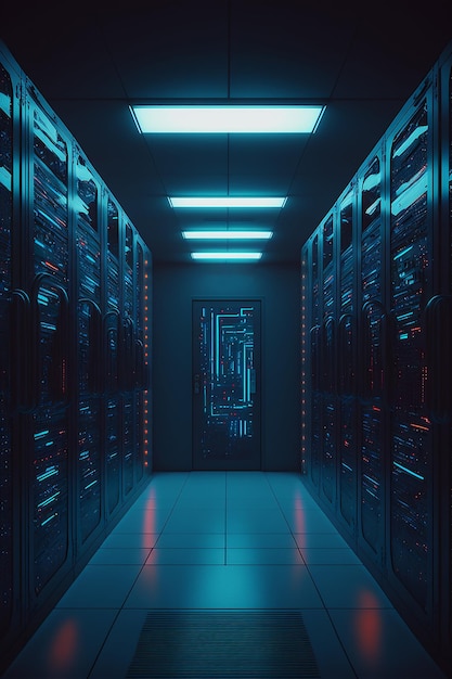 Stojaki na serwery danych pomieszczenie centrum z centrum komputerowym big data Niebieskie wnętrze do hostowania sprzętu do przechowywania danych