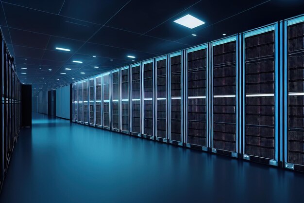 Stojaki serwerowe w centrum danych serwerowni bezpieczeństwa sieci komputerowej d renderują ciemnoniebieską generatywną ai