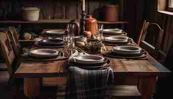 Bezpłatne zdjęcie stół nakryty na kolację z okazji święta dziękczynienia z obrusem w niebiesko-białą kratę.