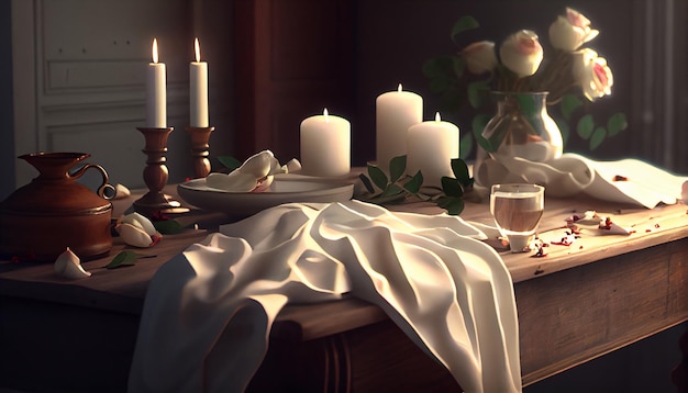 Stół oświetlony świecami z eleganckim wystrojem i wazonem z kwiatami wygenerowany przez AI