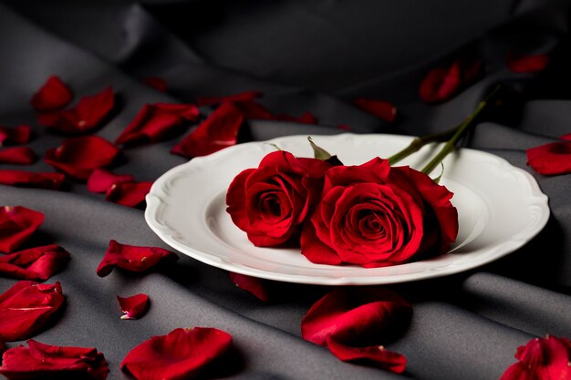 Stół walentynkowy z różami i talerz