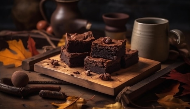Bezpłatne zdjęcie stos brownie z ciemnej czekolady na rustykalnym stole wygenerowany przez sztuczną inteligencję
